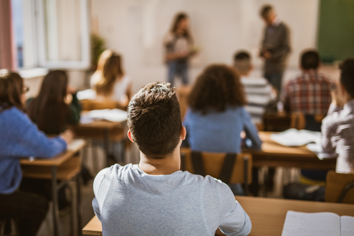 Back view of a male student on a class at high school.