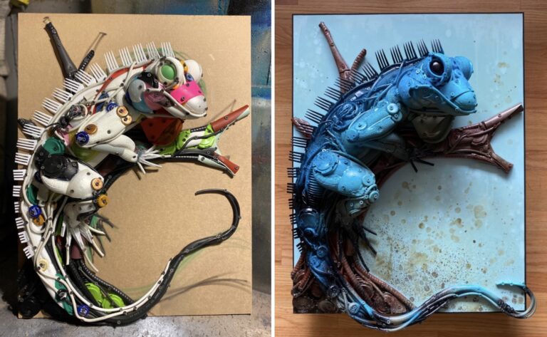 two chameleon sculptures by the artist Stephanie Hongo