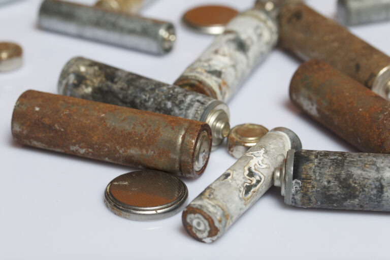 Batteries of different sizes covered with corrosion.