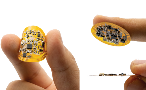 an image of the smart bandage held between two fingers, and another image of it sticking to one finger