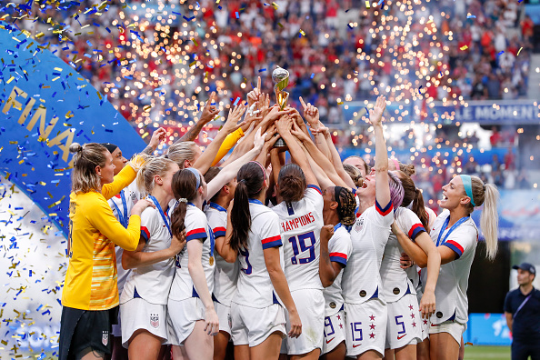 LYON, FRANCE - JULY 07: Megan Rapinoe #15 of USA and Team USA celebrate the victory of the 2019 FIFA Women's World Cup France Final match between The United States of America and The Netherlands at Stade de Lyon on July 7, 2019 in Lyon, France.