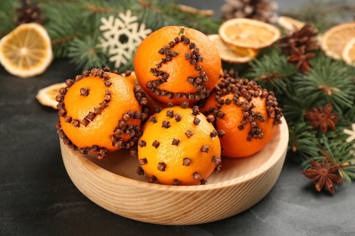 Pomander balls in a wooden bowl